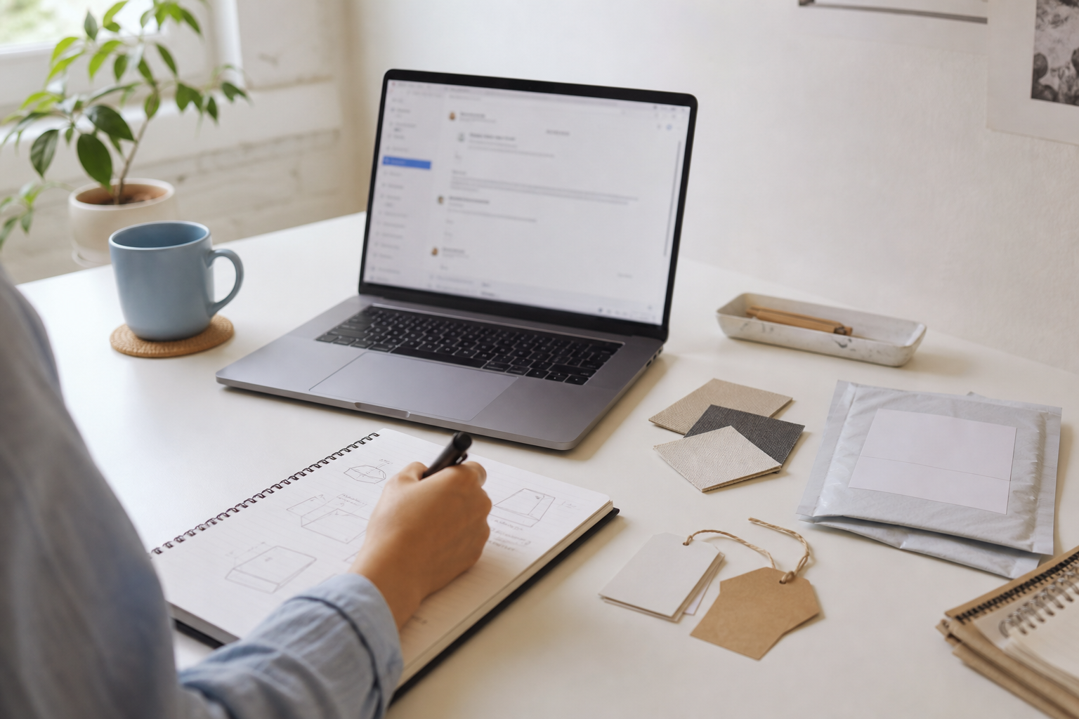 A desk with notes, product sketches, material samples, and shipping materials